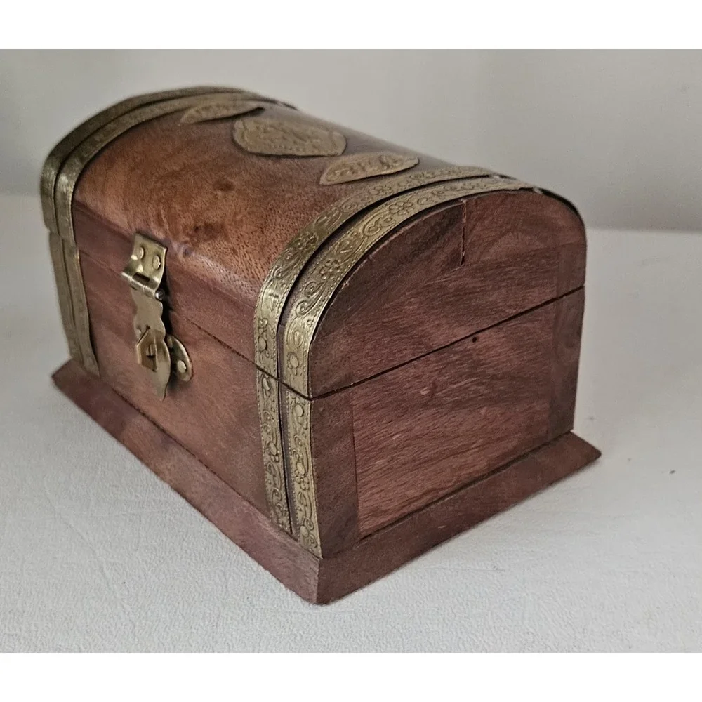 Vintage Wooden Domed Chest Trinket Box Brass Inlay 5